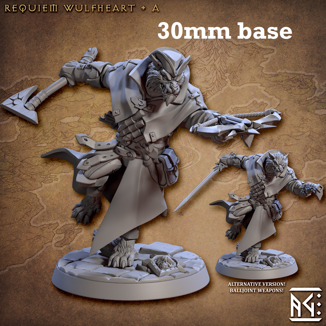 Image shows 3D renders of two sculpt options for a werewolf demon hunter gaming miniature.