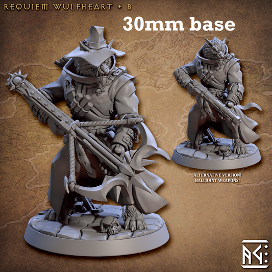 Image shows 3D renders of two sculpt options for a werewolf demon hunter gaming miniature.