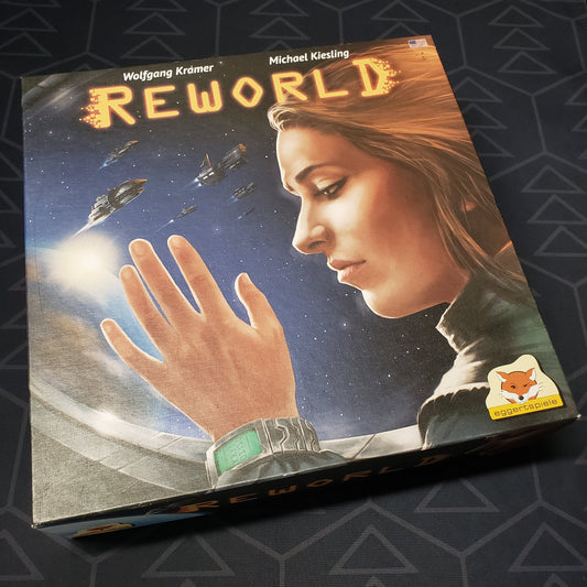 Image shows the front cover of the box of the Reworld board game