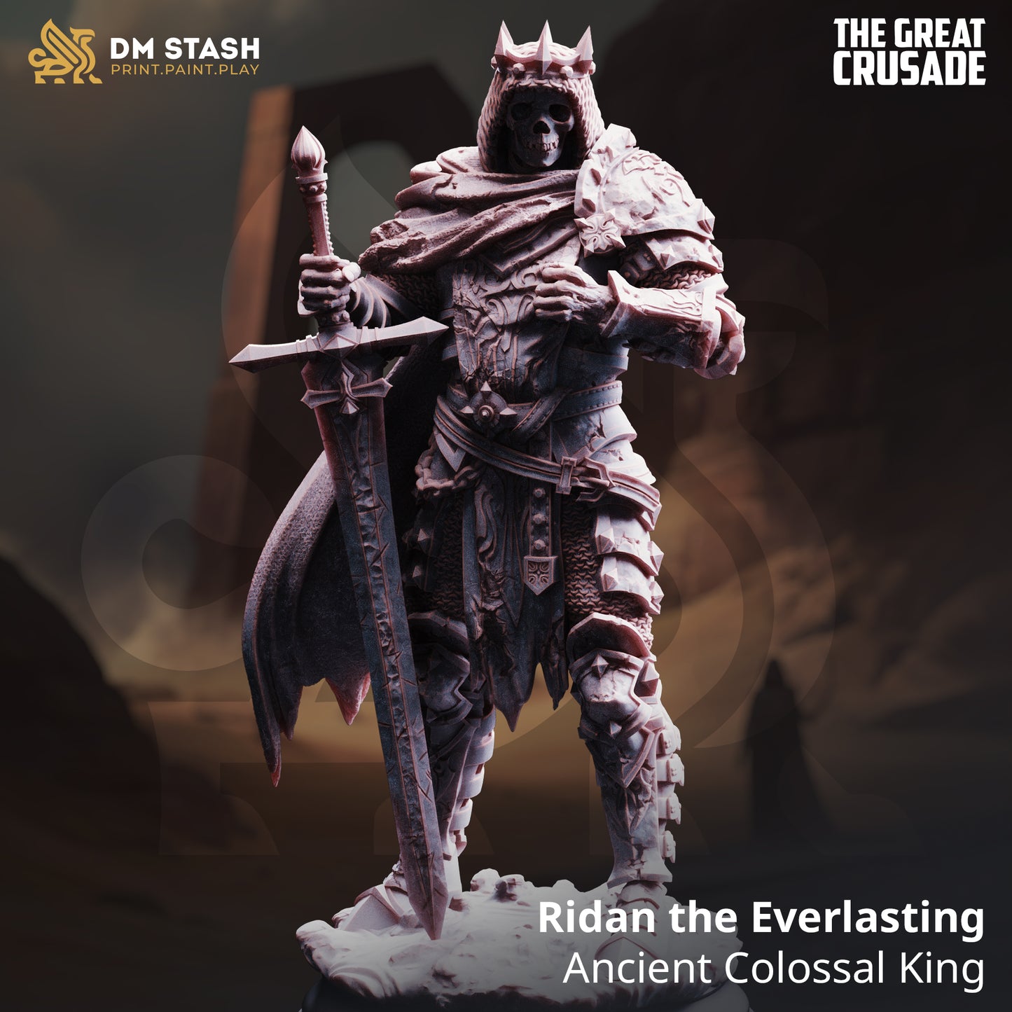 Image shows a 3D render of a skeleton king gaming miniature.
