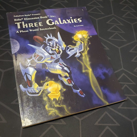 Image shows the front cover of the Dimension Book 6: Three Galaxies book for the roleplaying game Rifts