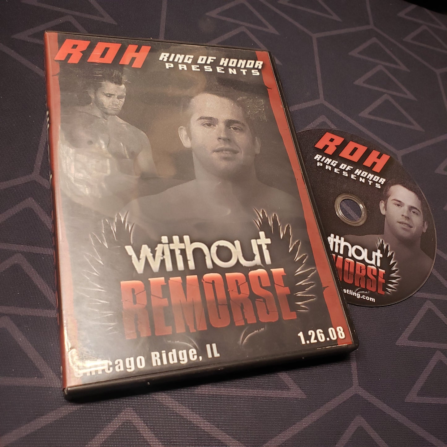 Image shows the case & disc for the 01/26/2008 pro wrestling event Ring of Honor: Without Remorse on DVD
