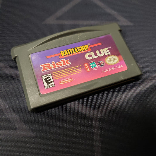 Image shows the front of the cartridge for the video game Risk / Battleship / Clue for Nintendo Game Boy Advance