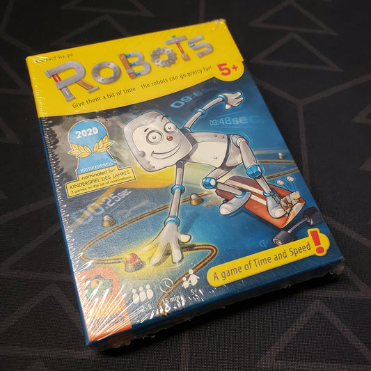 Image shows the front cover of the box for the Robots board game