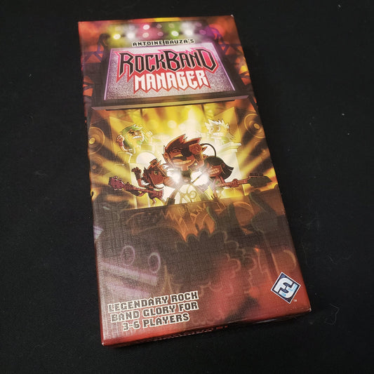 Image shows the front cover of the box of the Rockband Manager card game