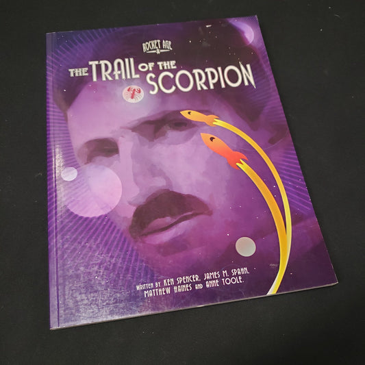 Image shows the front cover of the Trail of the Scorpion book for the roleplaying game Rocket Age