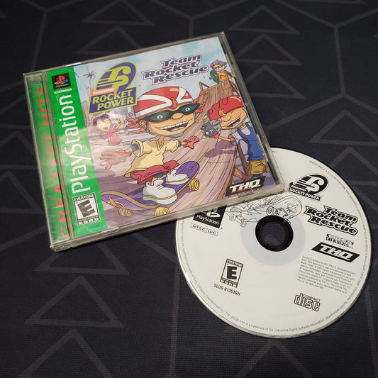 Image shows the jewel case with manual and disc for the video game Rocket Power: Team Rocket Rescue for Playstation 1