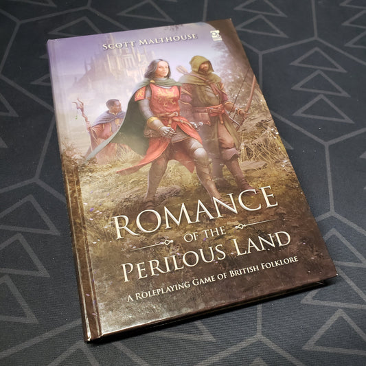 Image shows the front cover of the core rulebook for the roleplaying game Romance of the Perilous Land