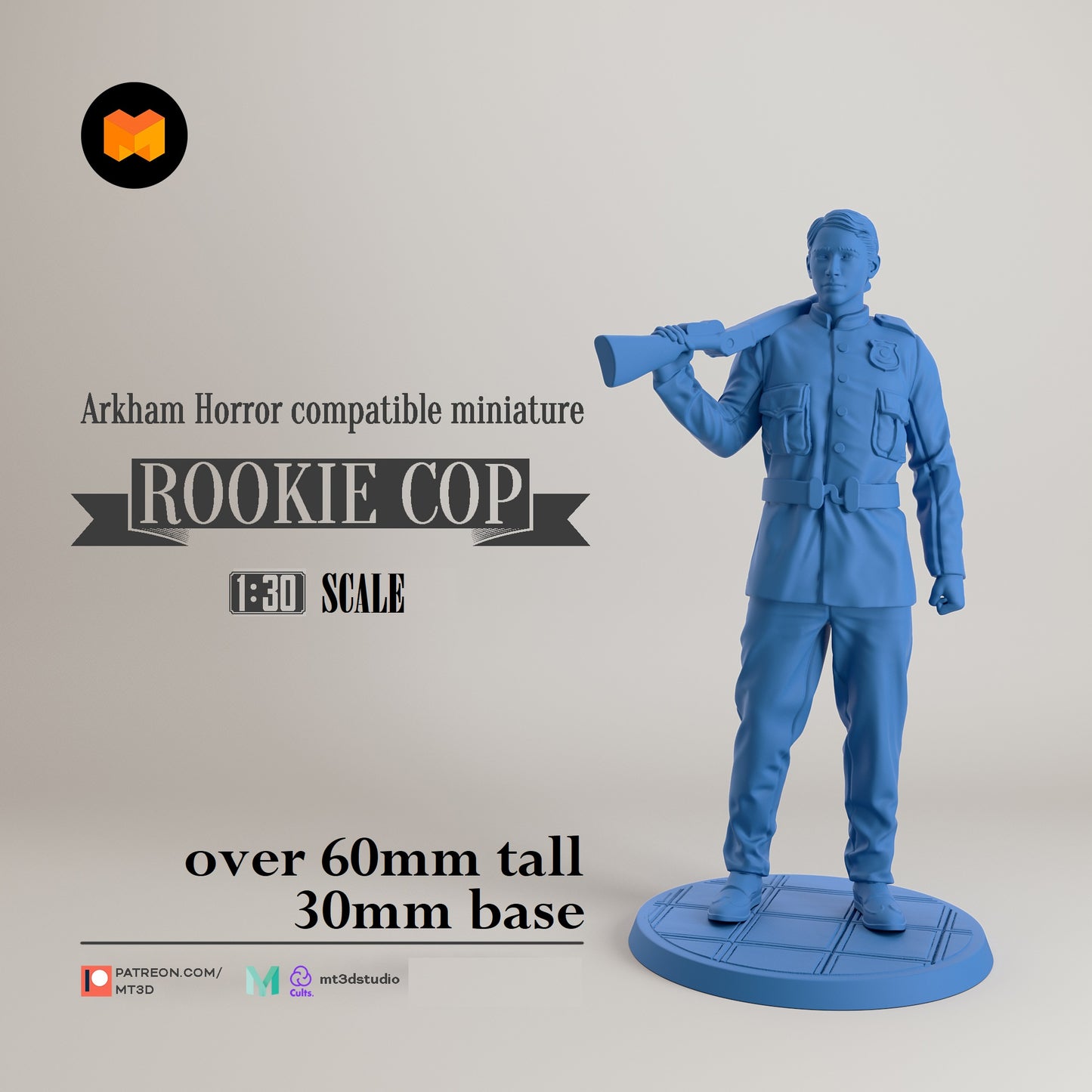 Image shows a 3D render of a 1920s era policeman gaming miniature.
