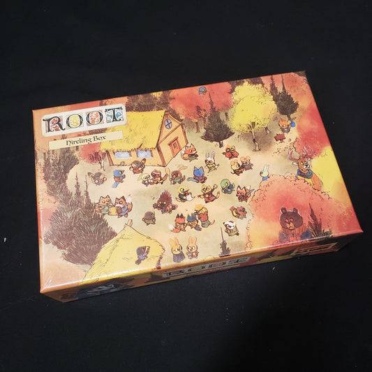Image shows the front cover of the box for the Hirelings Box expansion from the board game Root