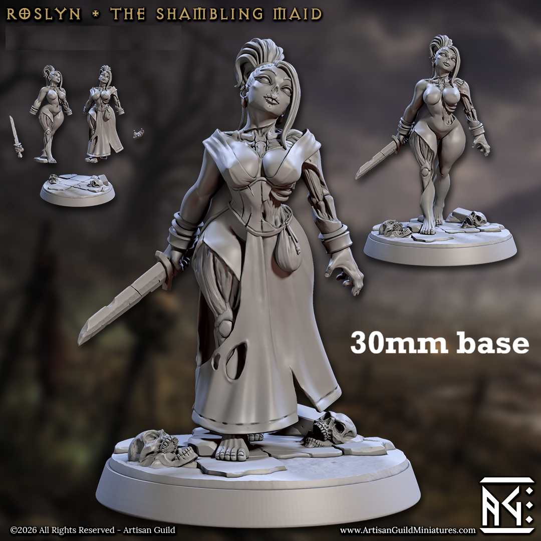 Image shows a 3D render of a zombie maid gaming miniature.