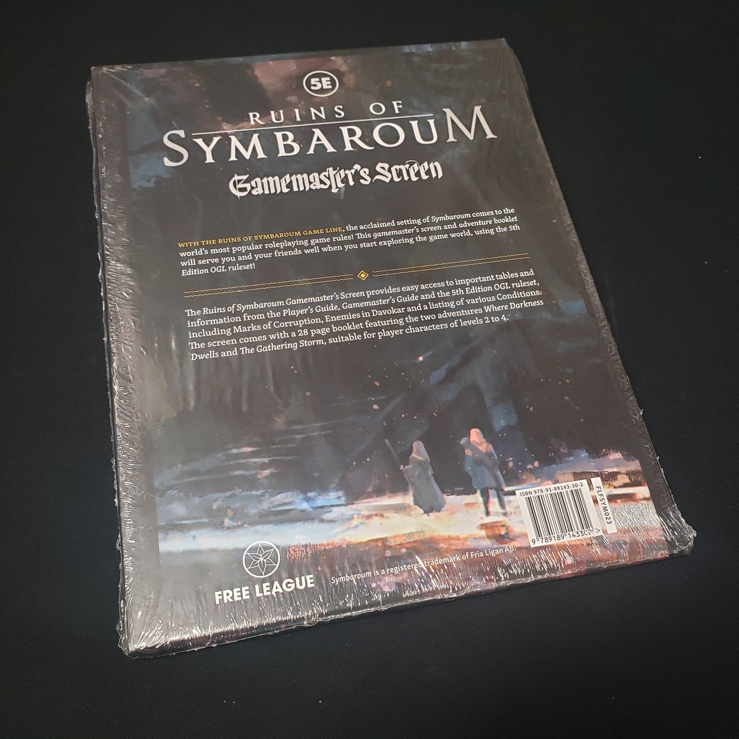 Image shows the back of the packaging of the Gamemaster's Screen for the Ruins of Symbaroum roleplaying game