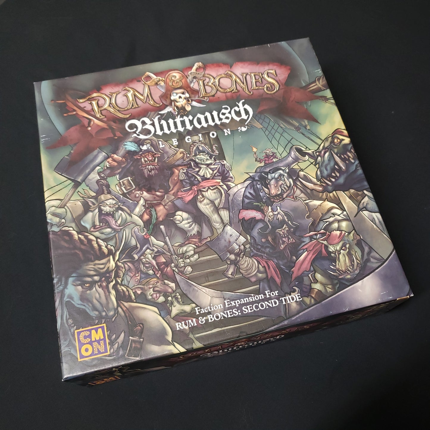 Image shows the front cover of the box of the Blutrausch Legion Faction expansion for the board game Rum & Bones: Second Tide