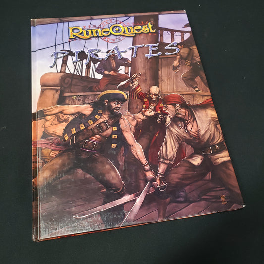 Image shows the front cover of the RuneQuest: Pirates roleplaying game book