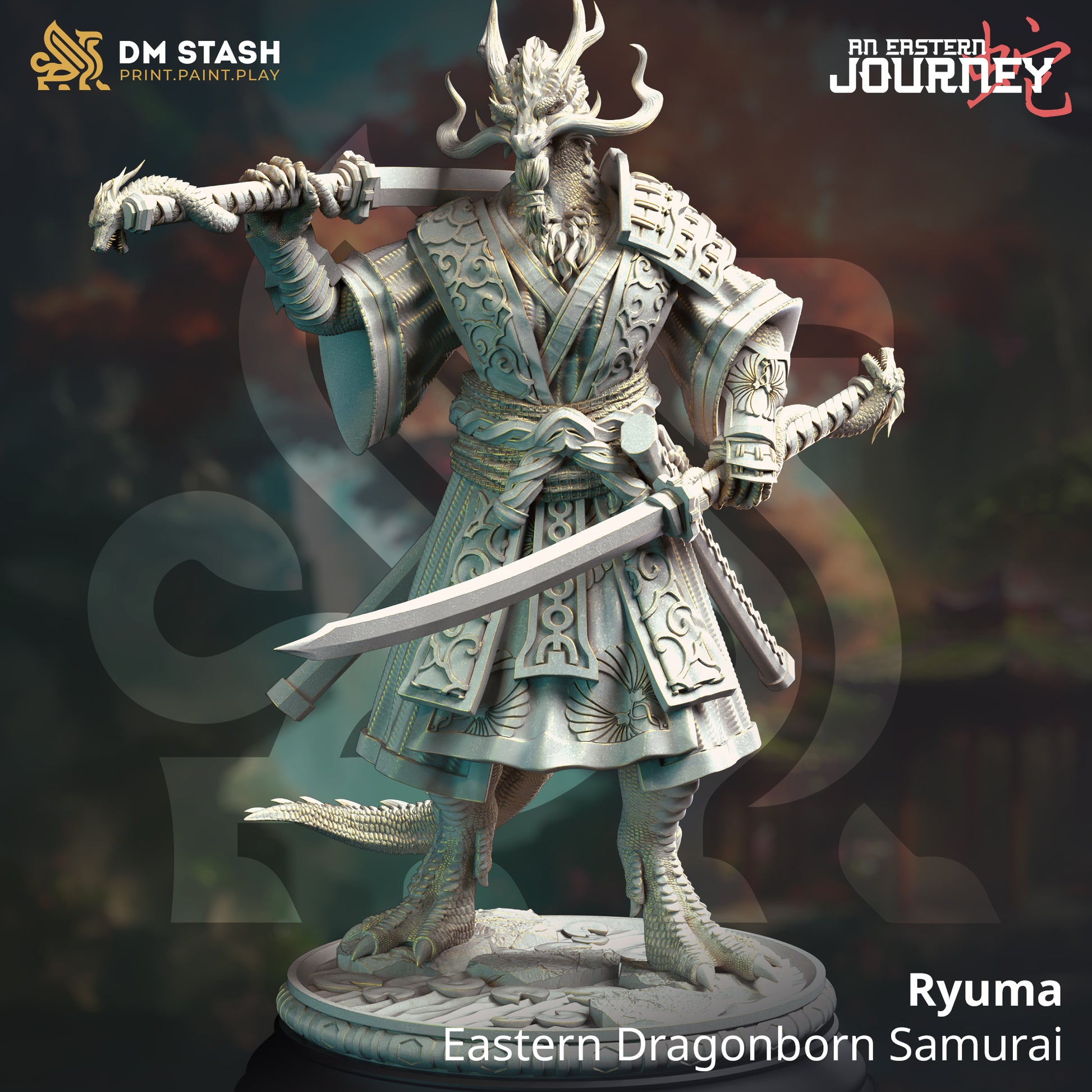 Image shows a 3D render of a dragonborn samurai gaming miniature