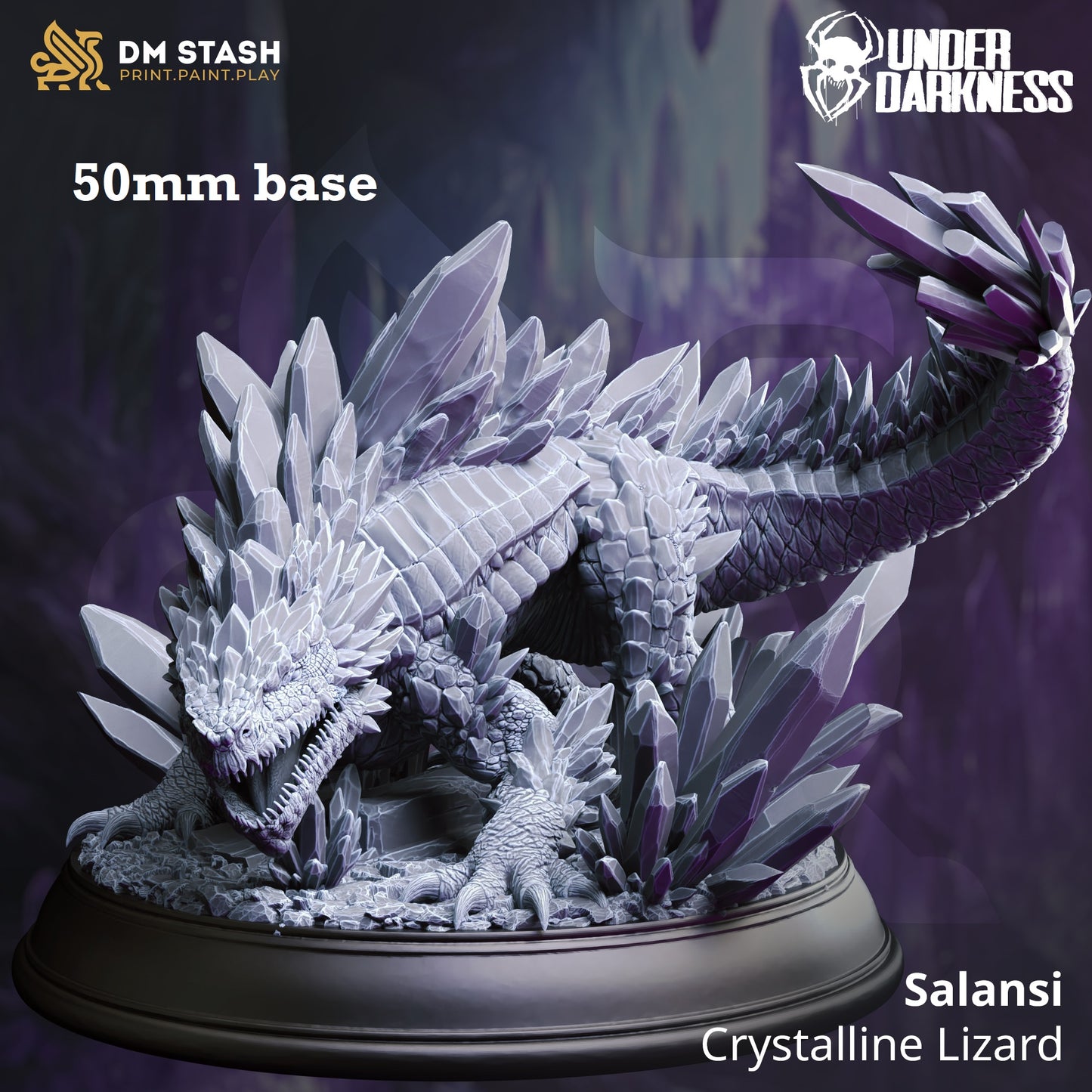Image shows a 3D render of a crystal lizard gaming miniature.