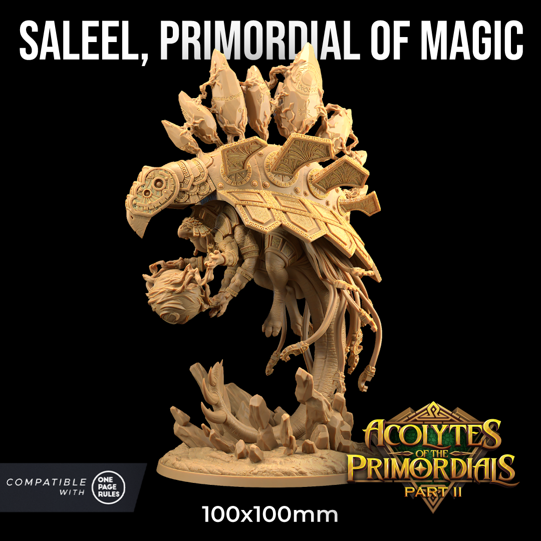 Image shows a 3D render of a dinosaur god gaming miniature, holding a magic ball with back armor or metal plates and charged crystals