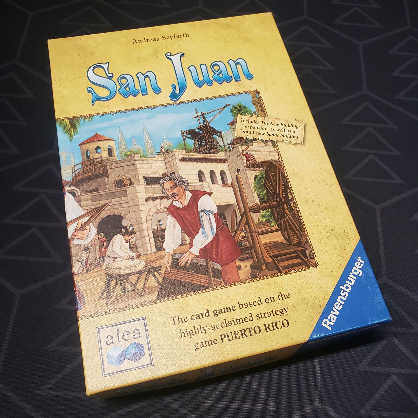 Image shows the front cover of the box for the San Juan (Second Edition) card game