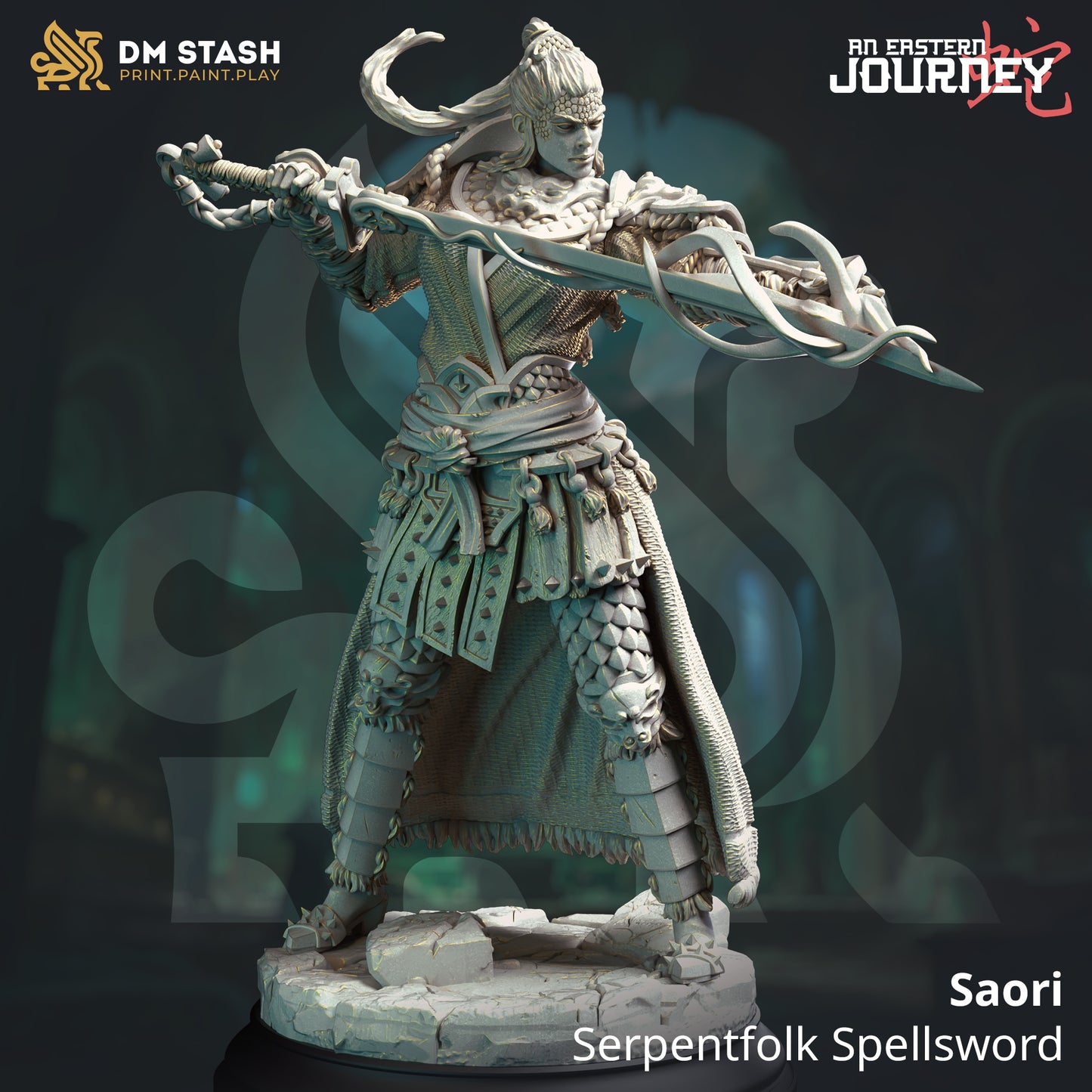 Image shows a 3D render of a pureblood yuan-ti fighter gaming miniature