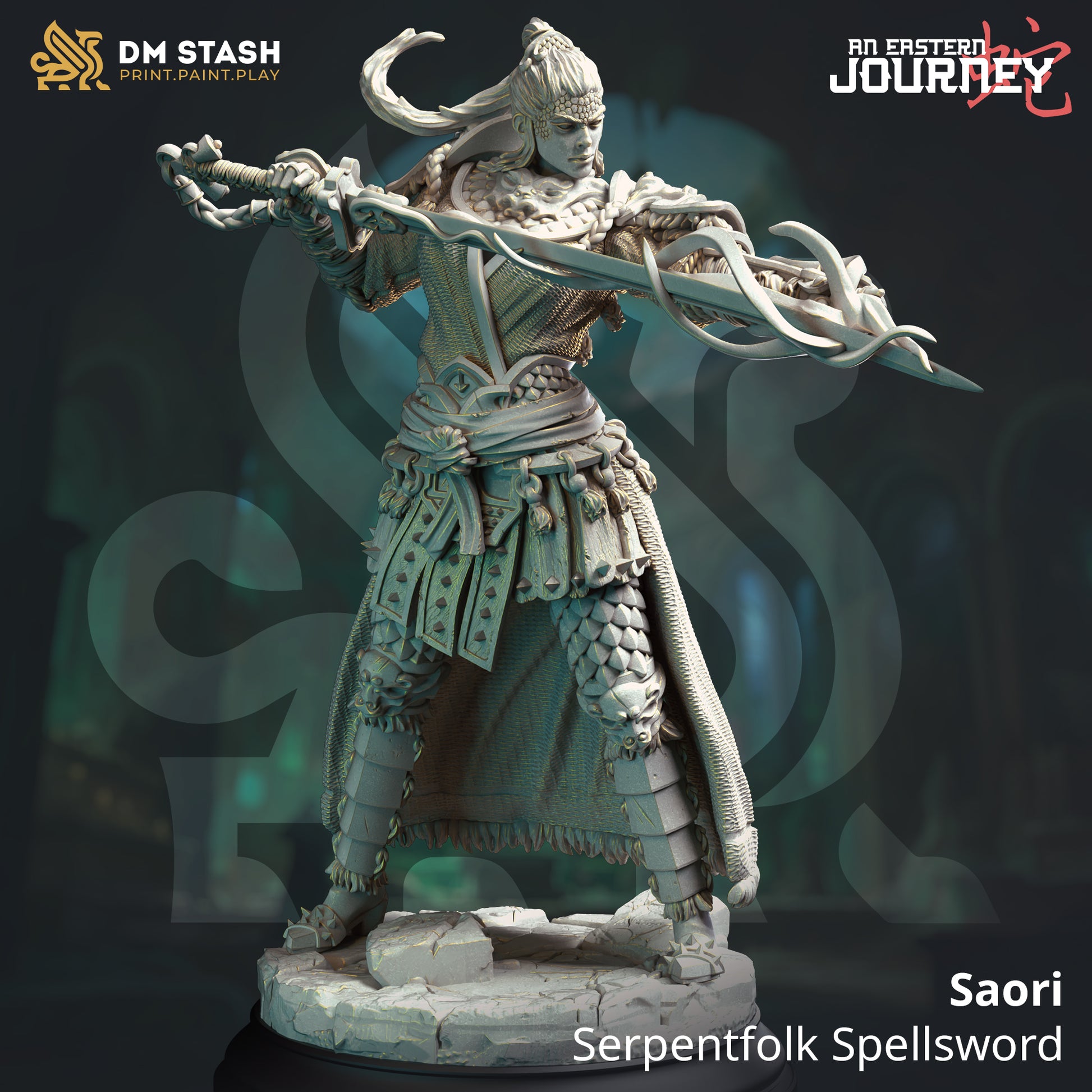 Image shows a 3D render of a pureblood yuan-ti fighter gaming miniature