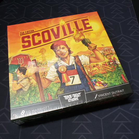 Image shows the front cover of the box of the Scoville: Second Edition board game
