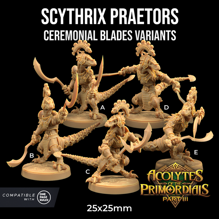 Image shows 3D renders for five different sculpt options of a velociraptor warrior gaming miniature holding dual blades