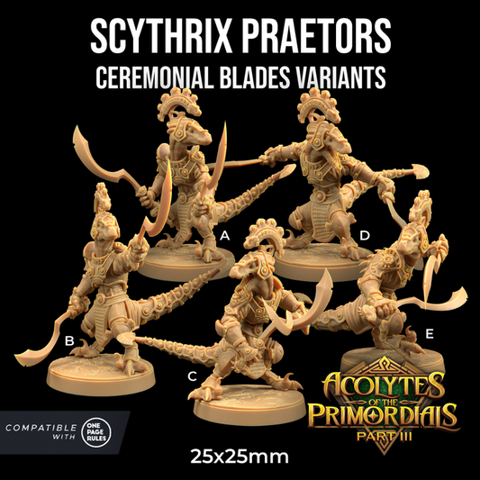 Image shows 3D renders for five different sculpt options of a velociraptor warrior gaming miniature holding dual blades