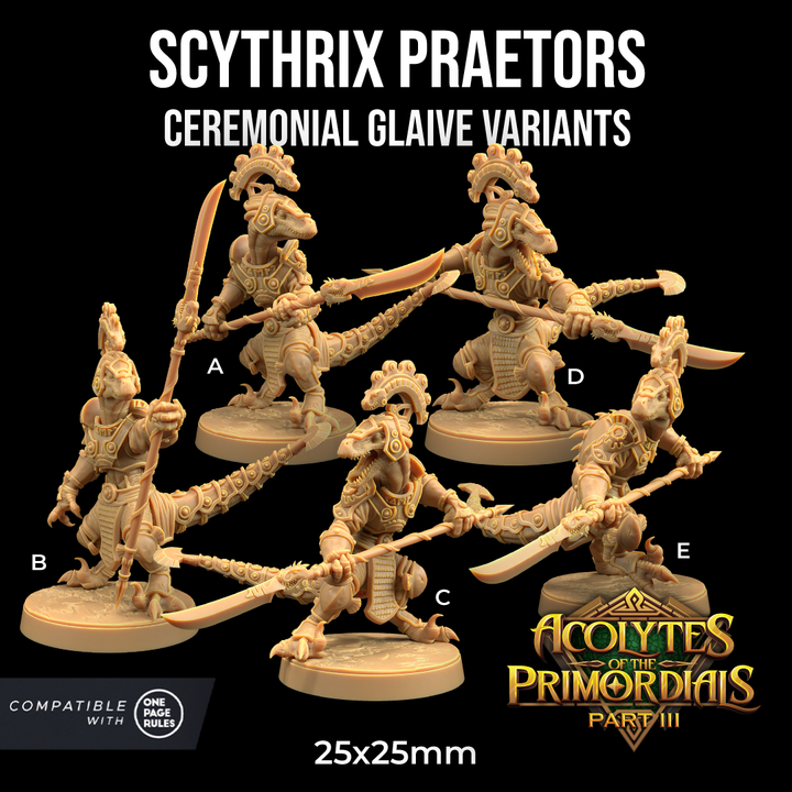 Image shows 3D renders for five different sculpt options of a velociraptor warrior gaming miniature holding a glaive