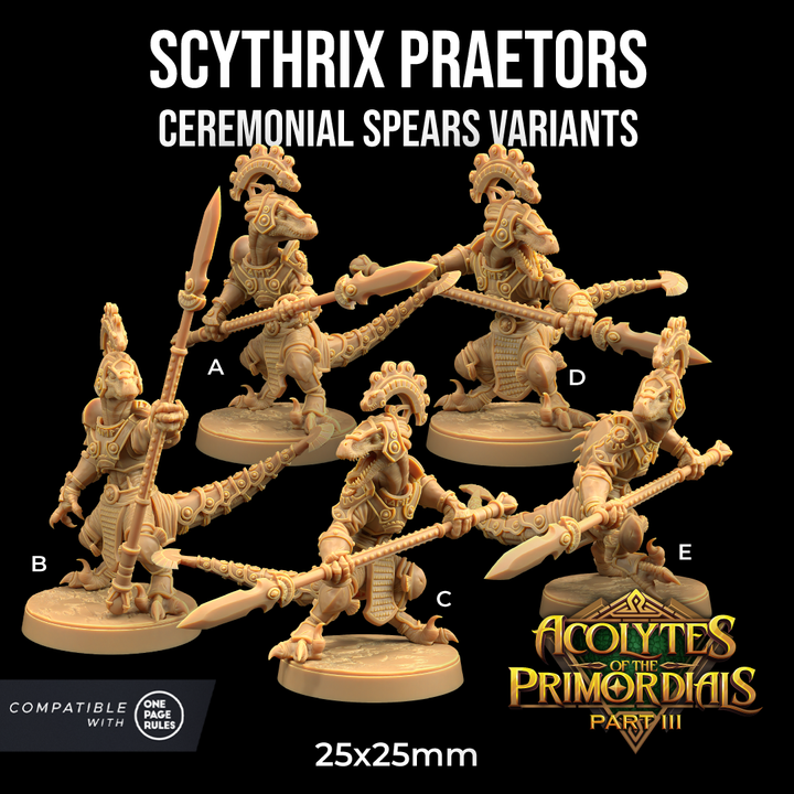 Image shows 3D renders for five different sculpt options of a velociraptor warrior gaming miniature holding a spear