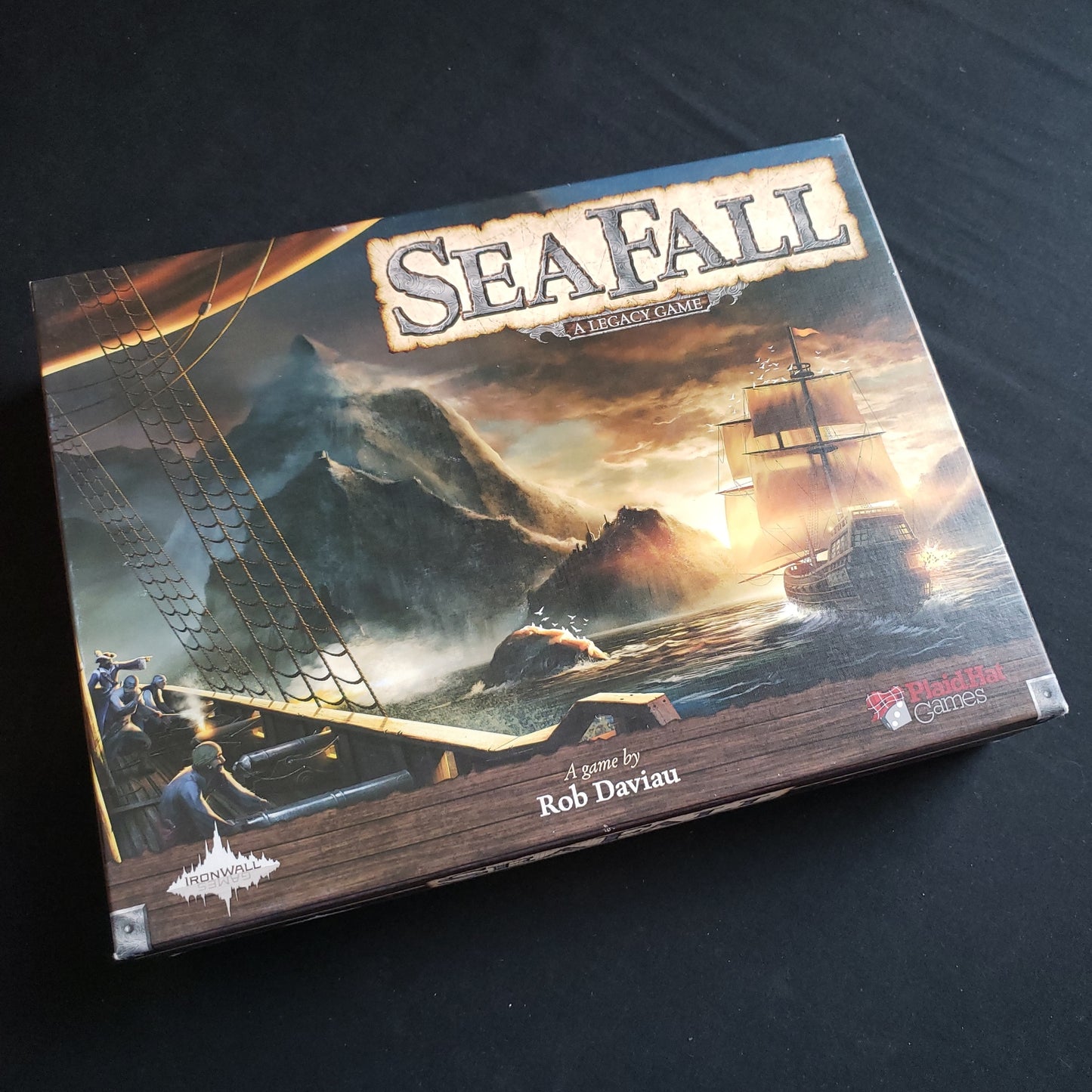 Image shows the front cover of the box of the SeaFall board game