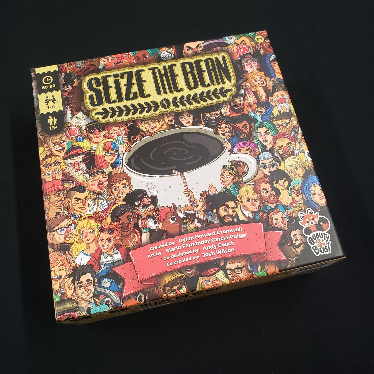Image shows the front cover of the box of the Seize the Bean board game