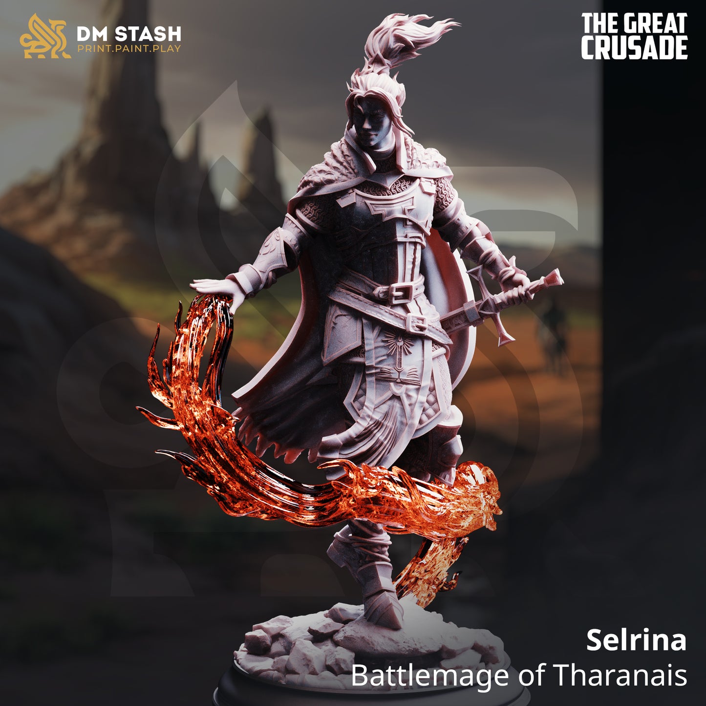 Image shows a 3D render of a human battlemage gaming miniature.
