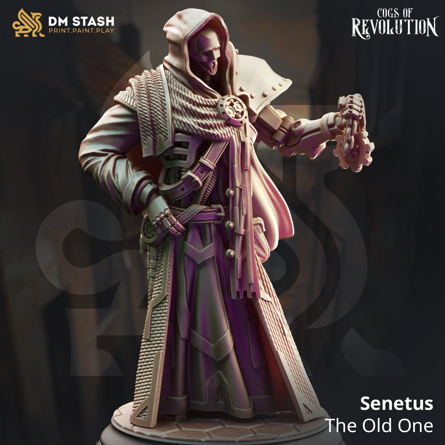 Image shows a 3D render of a steampunk warforged ancient gaming miniature.