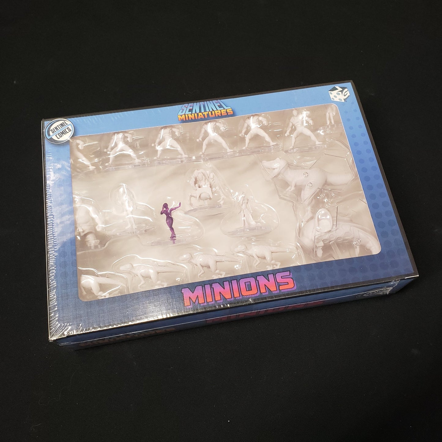 Image shows the front cover of the box of the Minions miniatures pack for the board game Sentinel Tactics