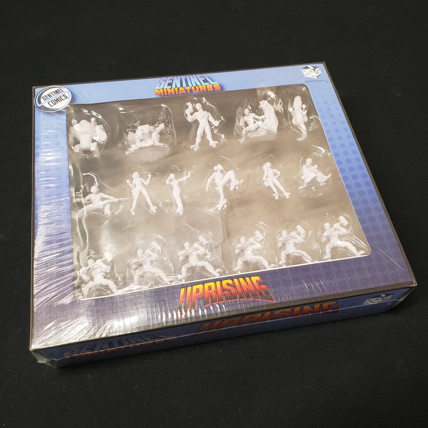 Image shows the front cover of the box of the Uprising miniatures pack for the board game Sentinel Tactics