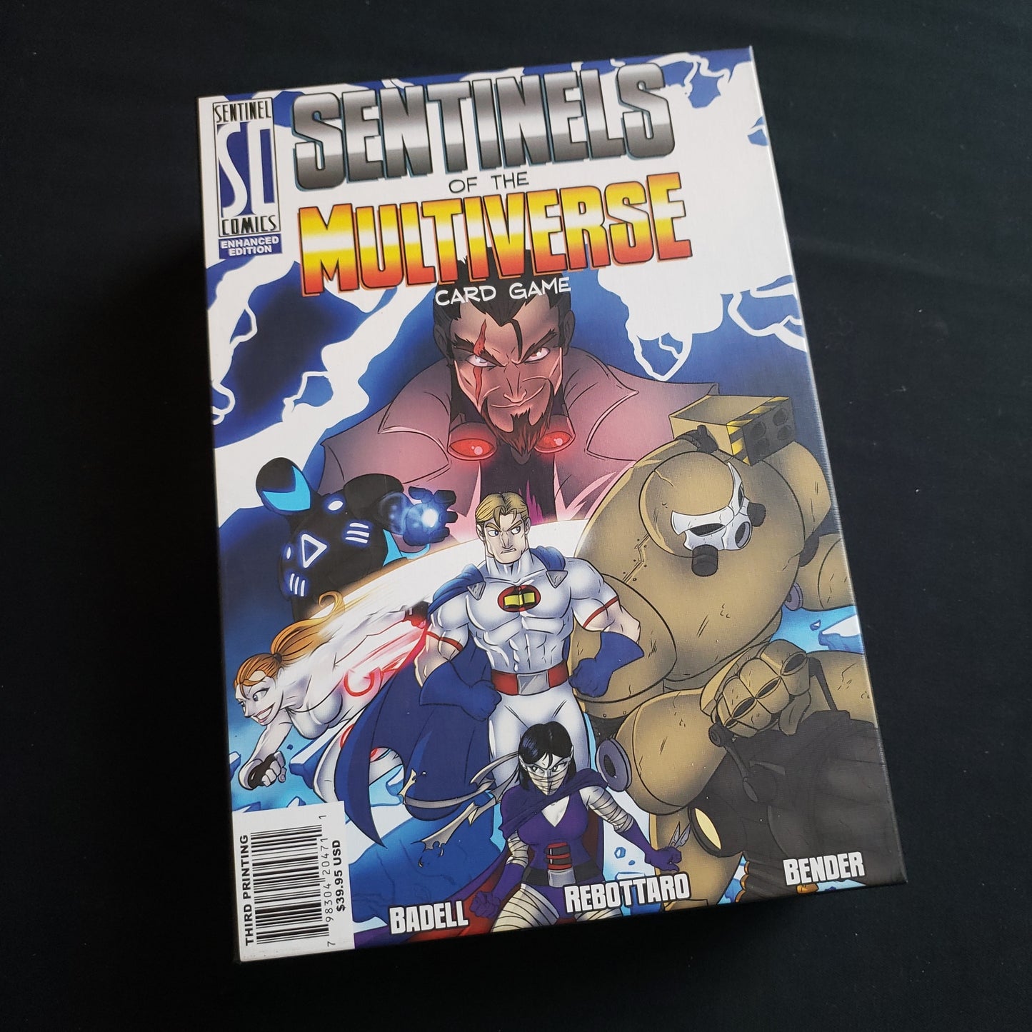 Image shows the front cover of the box of the Sentinels of the Multiverse card game