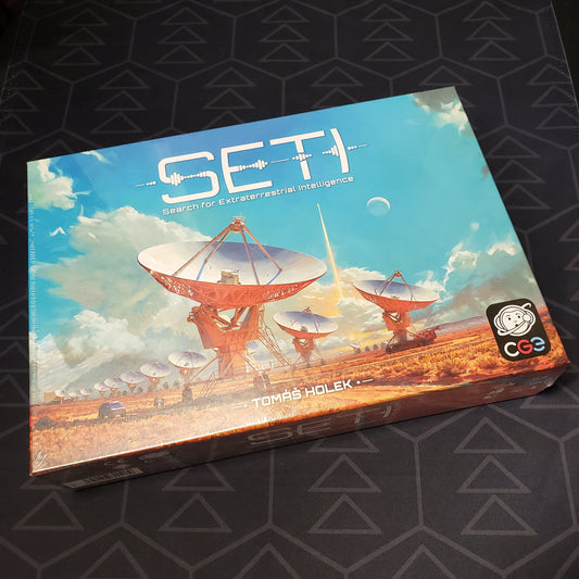Image shows the front cover of the box of the SETI board game