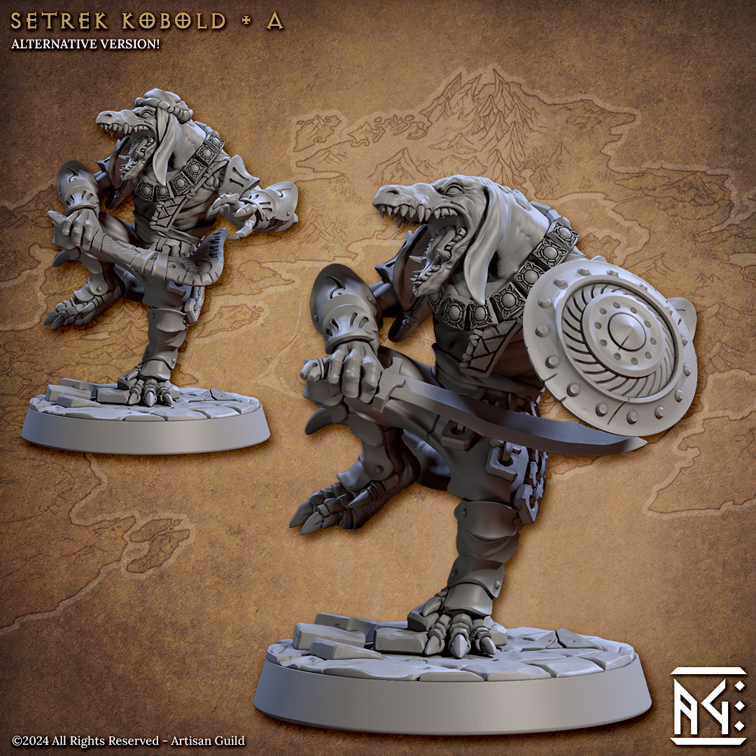 Image shows an 3D render of two options for a kobold gaming miniatures, one holding a scimitar & shield and one holding a boomerang wearing a hat