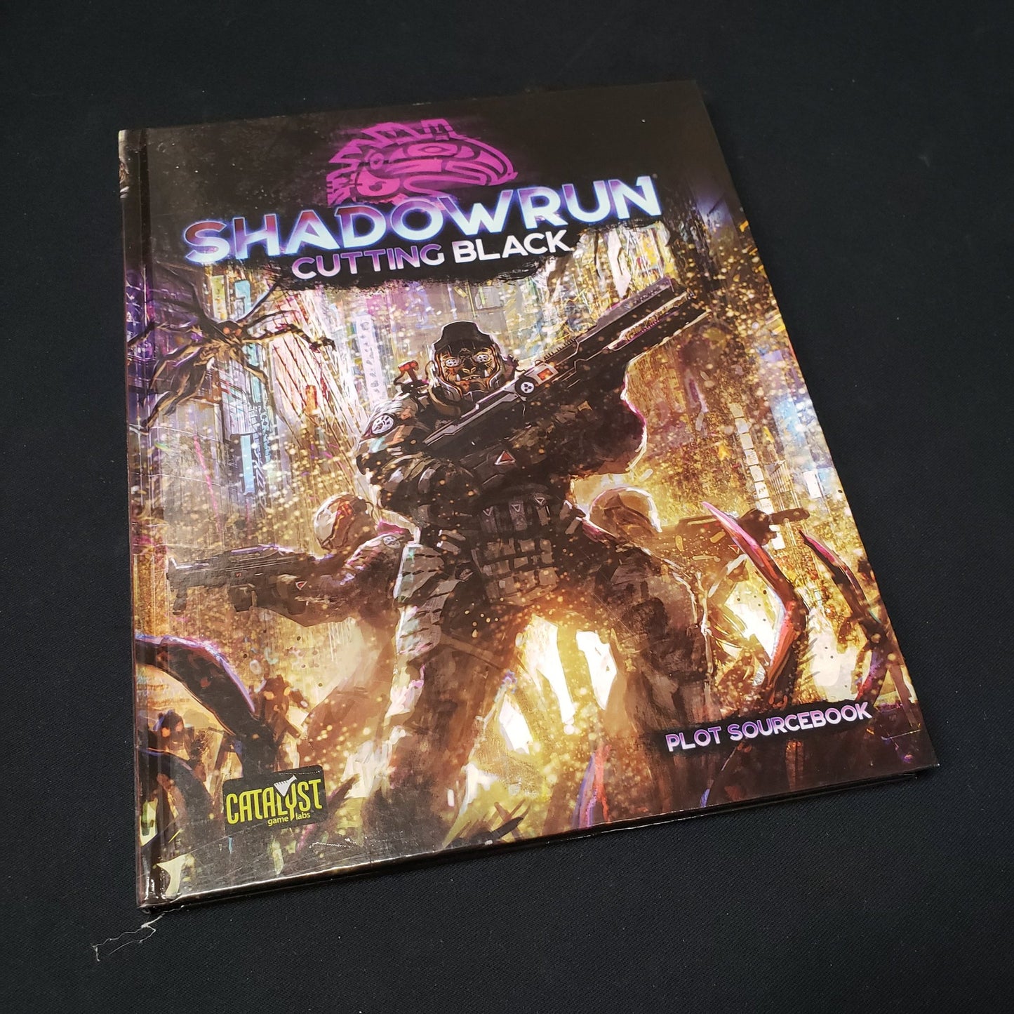 Image shows the front cover of the Cutting Black book for the Shadowrun: Sixth World roleplaying game