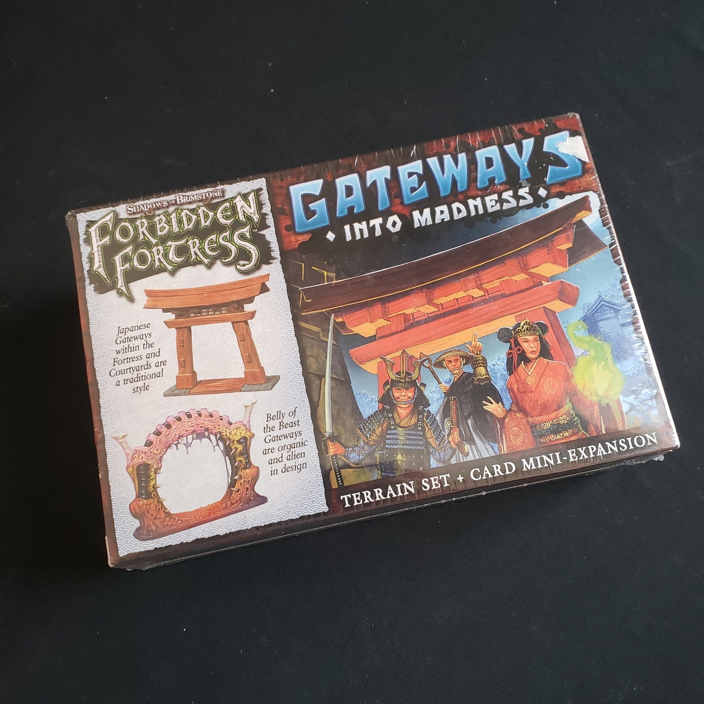 Image shows the front cover of the box of the Gateways Into Madness Expansion for the board game Shadows of Brimstone: Forbidden Fortress
