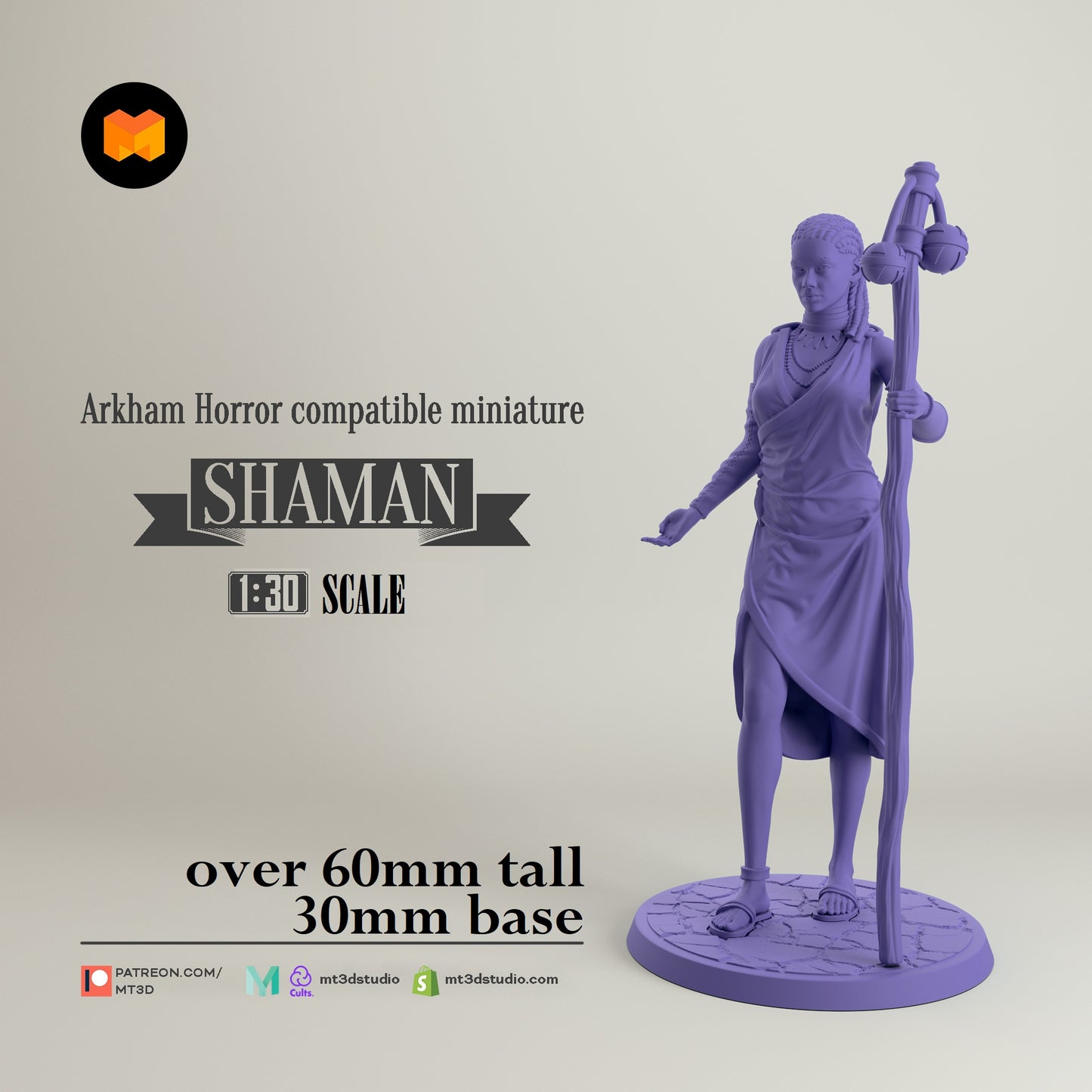 Image shows a 3D render of a human shaman gaming miniature.