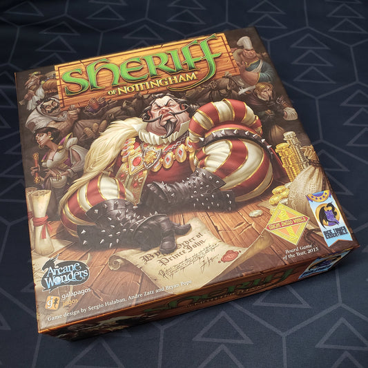 Image shows the front cover of the box of the Sheriff of Nottingham board game