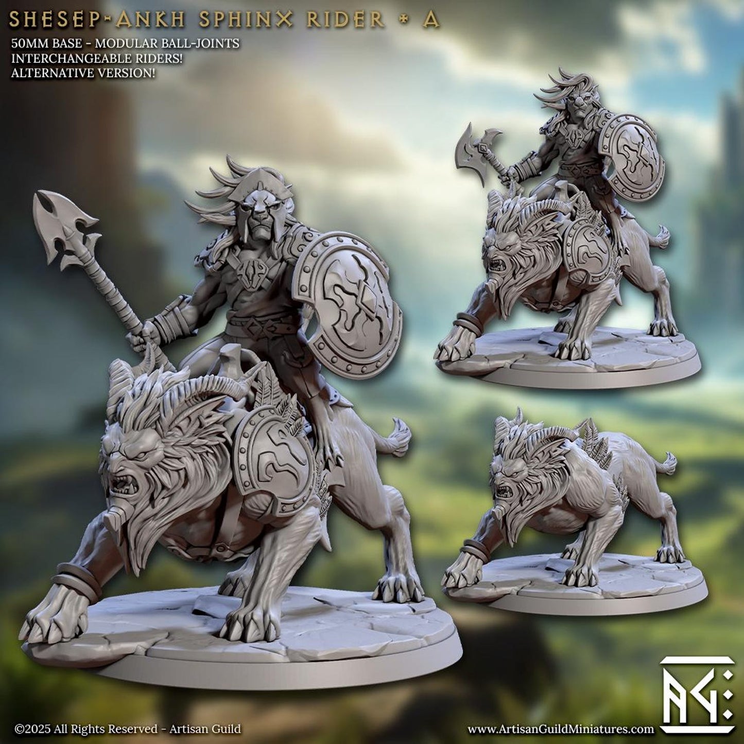 Image shows 3D renders of two sculpt options for a leonin warrior riding a sphinx gaming miniature.