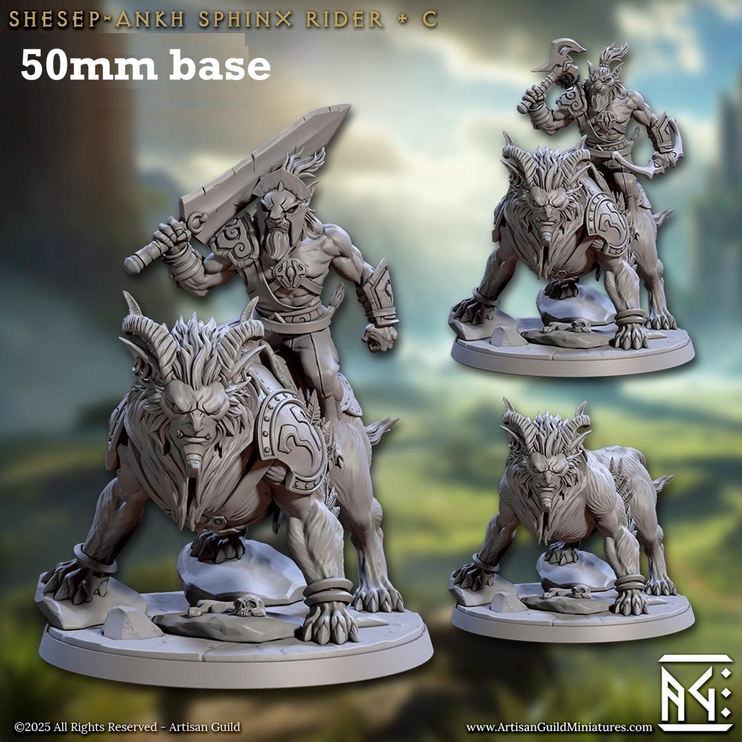 Image shows 3D renders of two sculpt options for a leonin warrior riding a sphinx gaming miniature.