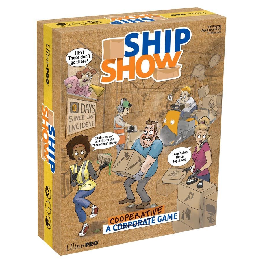 Image shows the front cover of the box of the Ship Show card game