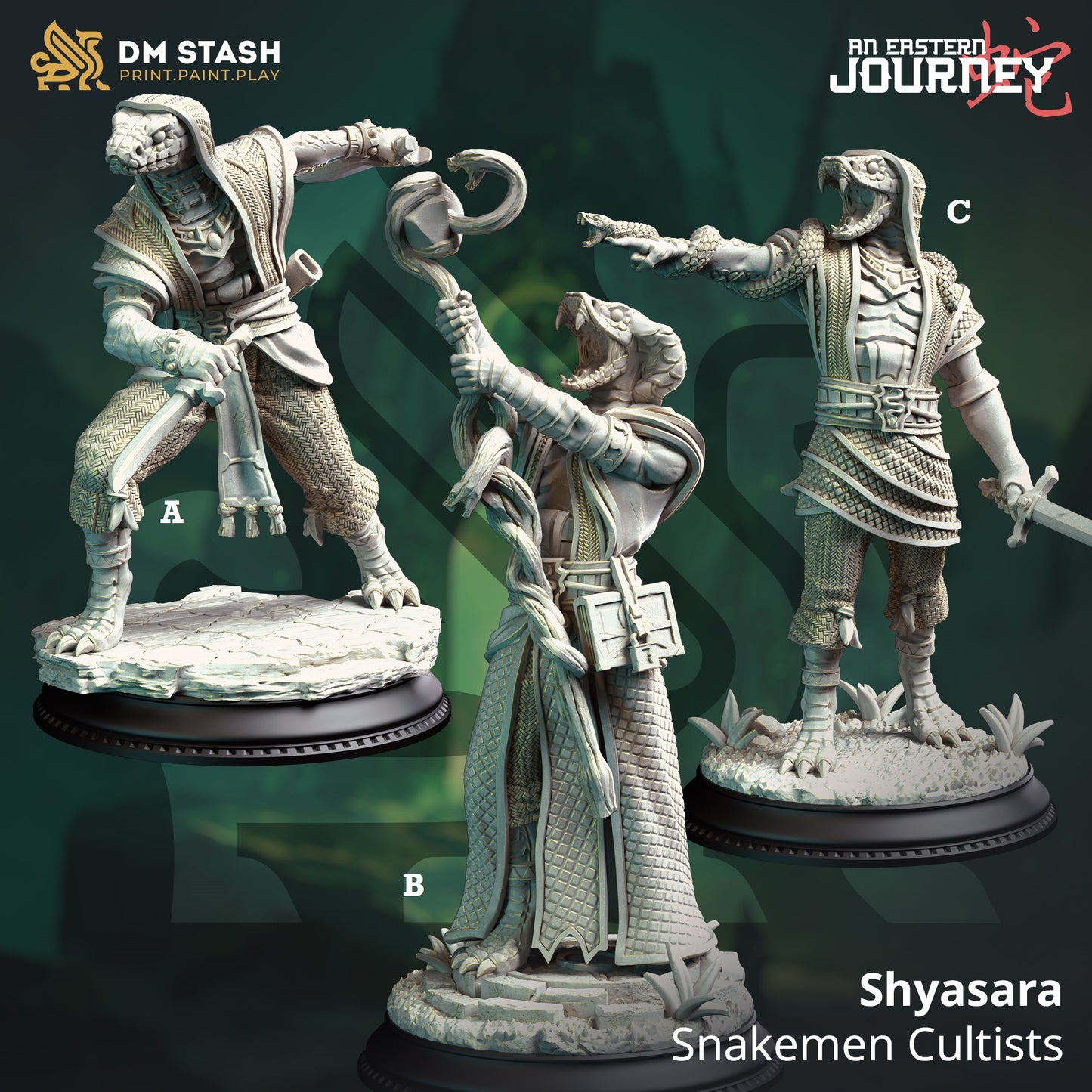 Image shows 3D renders of three different yuan-ti warrior gaming miniatures