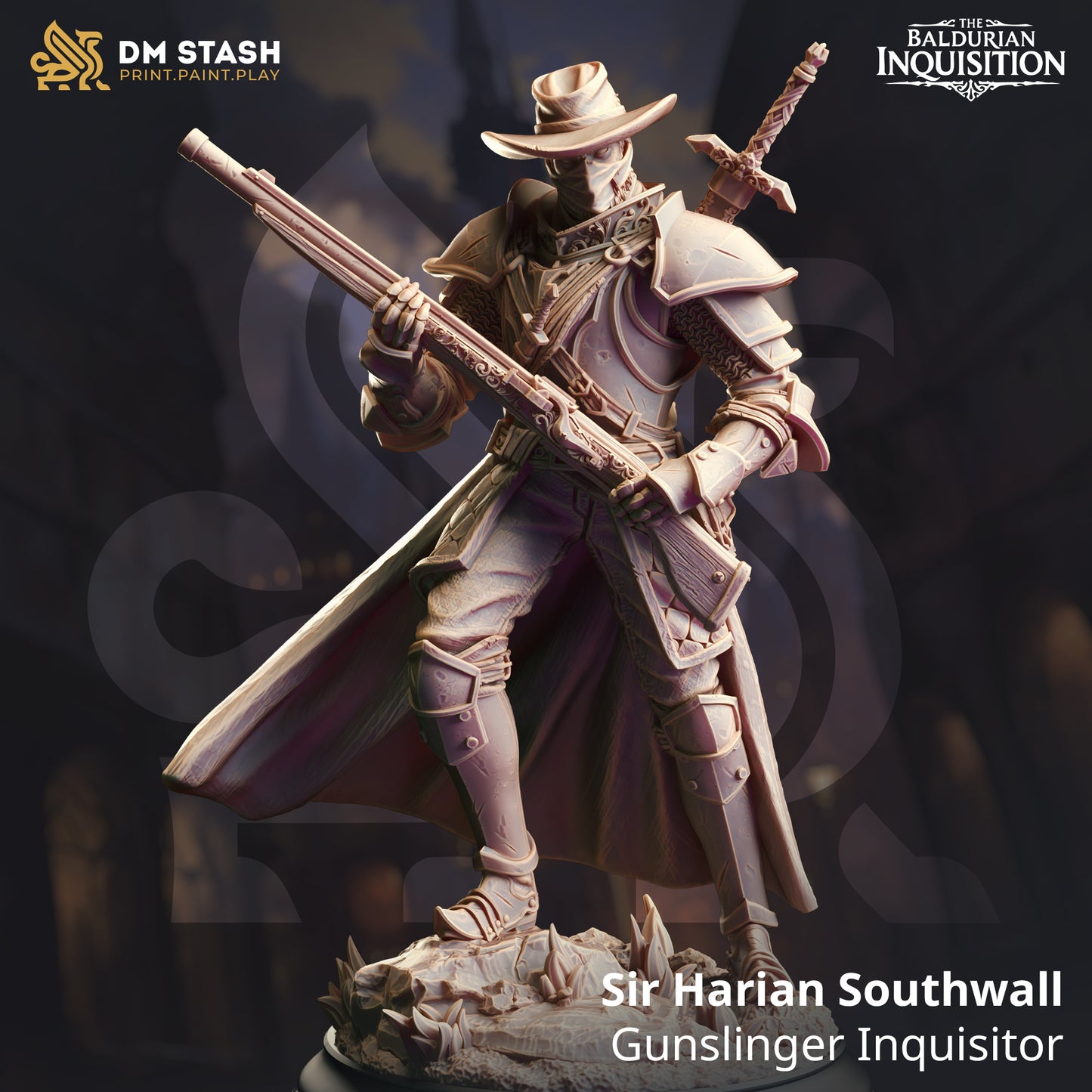 Image shows a 3D render of a human gunslinger gaming miniature.
