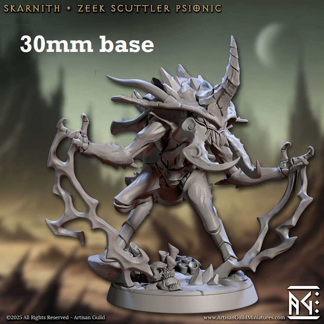 Image shows a 3D render of a thri-kreen psionic gaming miniature.