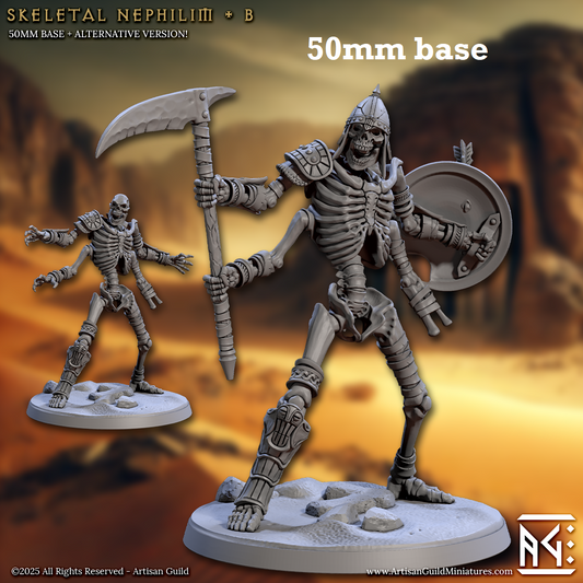 Image shows 3D renders of two sculpt options for a four-armed skeleton warrior gaming miniature.