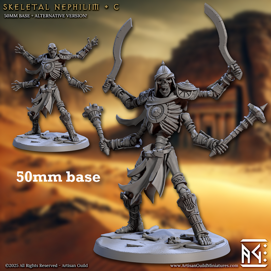 Image shows 3D renders of two sculpt options for a four-armed skeleton warrior gaming miniature.